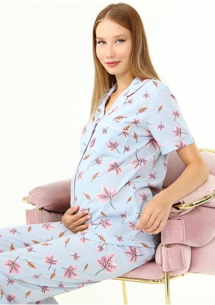 Penye Önden Düğmeli Hamile Lohusa Kısa Kol Pijama Takımı