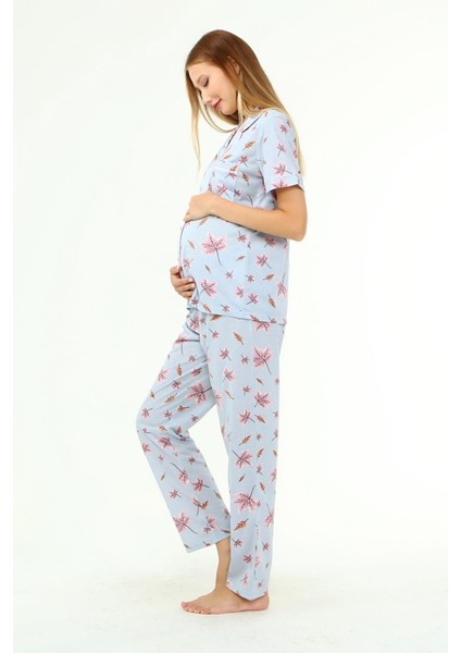 Penye Önden Düğmeli Hamile Lohusa Kısa Kol Pijama Takımı