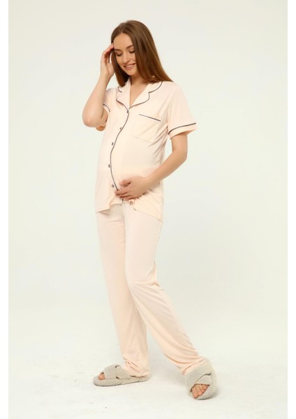 Önden Düğmeli Hamile Lohusa Mevsimlik Kısa Kol Pijama Takımı modelleri