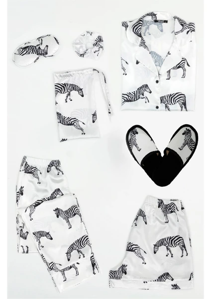 For You Moda 7 li Zebra Desenli Beyaz Saten Pijama Takımı S32154