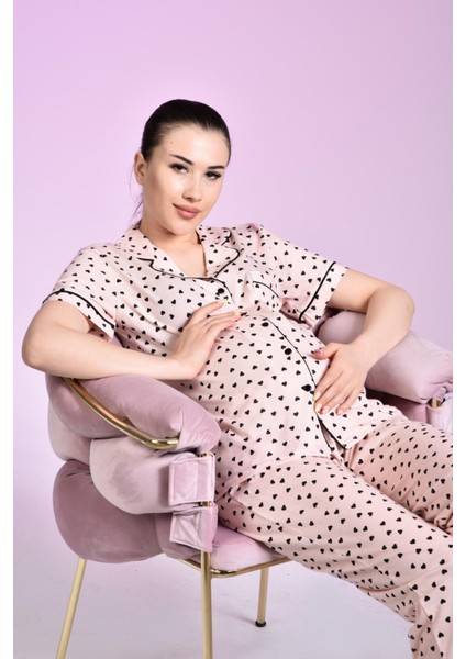 Penye Önden Düğmeli Hamile Lohusa Kısa Kol Pijama Takımı