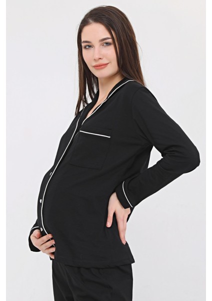Penye Önden Düğmeli Hamile Lohusa Uzun Kol Pijama Takımı