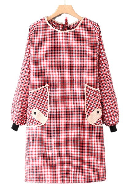 Uzun Kollu Önlük-Saf Pamuklu Uzun Kol Düğmeli Cep Kırmızı (Yurt Dışından)