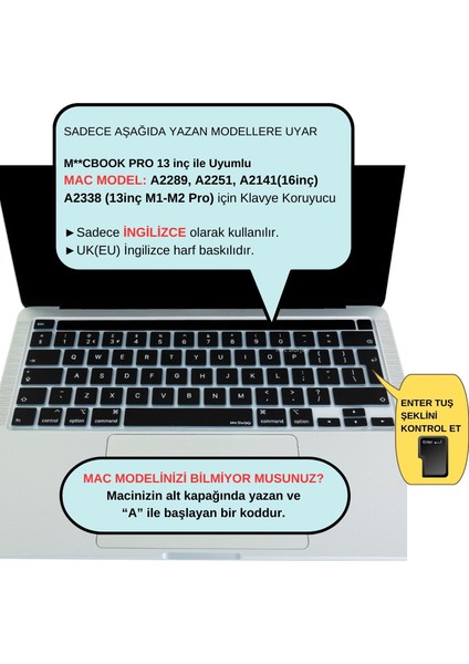 Macbook Pro Klavye Kılıfı 13inç M1-M2 UK(EU) İngilizce A2338 2289 2251 A2141 Uyumlu