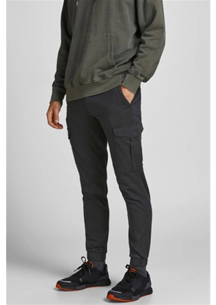 Jack & Jones 12186889_JPSTMARCO Jjjoe Cuffed Akm Normal Bel Düz Siyah Erkek Kargo Pantolon