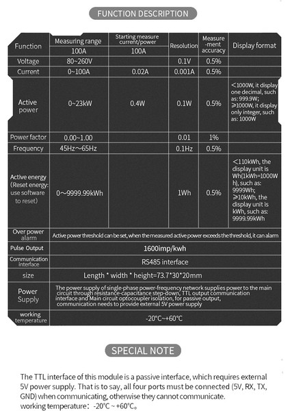 100A Pzem 004T 3.0 Sürüm Wattmetre + Yakın Ct Kwh Metre Volt Amp Akım Test Modülü Ttl Com2/com3/com4 (Yurt Dışından)