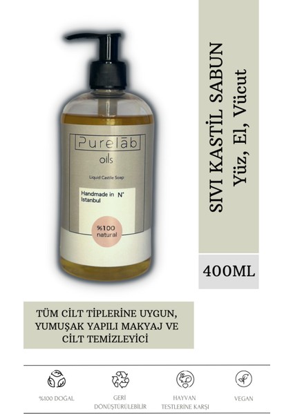 Sıvı Kastil Sabun Doğal Zeytinyağlı Yoğun Nemlendirici Arındırıcı Bitkisel Vegan Sabun 400 Ml
