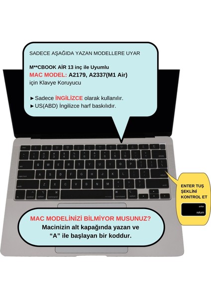 Macbook Air M1 Klavye Kılıfı US(ABD) İngilizce Harf Baskı A2179 A2337 ile Uyumlu