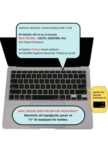 Macbook Air M1 Klavye Kılıfı US-TR Baskı A2179 A2337 ile Uyumlu