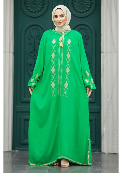 Desen Detaylı Yeşil Tesettür Elbise 10136Y