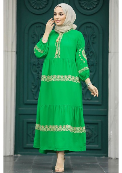 Nakış Desenli Yeşil Tesettür Elbise 11127Y
