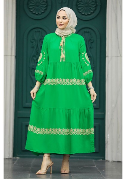 Nakış Desenli Yeşil Tesettür Elbise 11127Y modelleri