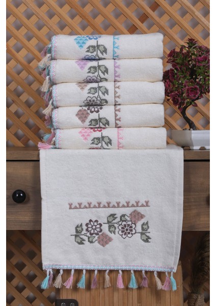 6 Lı Kanaviçe Çiçek Nakışlı El Yüz Havlu Seti Püsküllü Hediyelik Çeyizlik El Yüz Havlu Takımı 50 x 90 cm