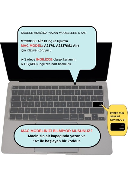 Macbook Air M1 Klavye Kılıfı US(ABD) İngilizce Harf Baskı A2179 A2337 ile Uyumlu