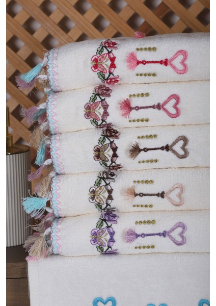 6 Lı Kalp Çiçek Nakışlı El Yüz Havlu Seti Püsküllü Hediyelik Çeyizlik El Yüz Havlu Takımı 50 x 90 cm fiyatları