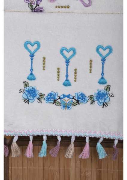 6 Lı Kalp Çiçek Nakışlı El Yüz Havlu Seti Püsküllü Hediyelik Çeyizlik El Yüz Havlu Takımı 50 x 90 cm modelleri