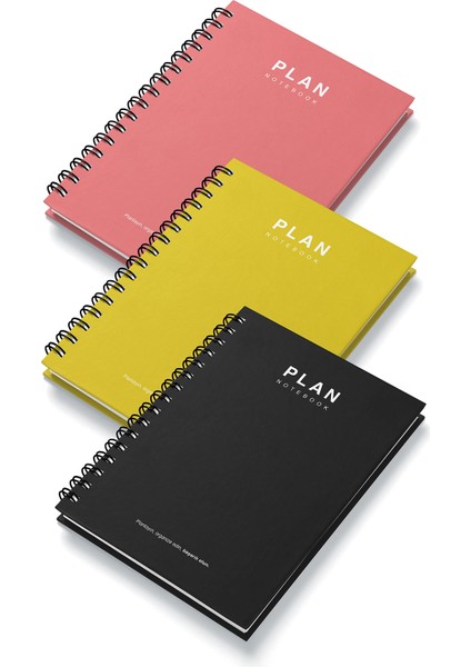 Deep Notebook 3'lü Set Süresiz Planlayıcı Ajanda A5 Spiralli -Siyah-Sarı-Pembe- Renk Tasarım