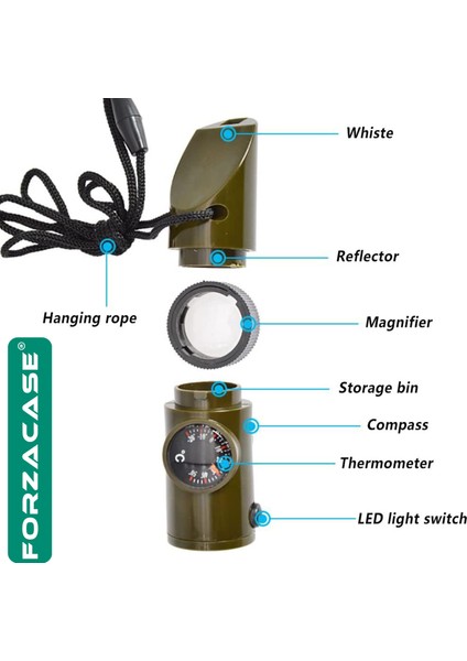 7in1 Yüksek Desibel Termometreli Pusulalı Ledli Düdük Deprem Çanta Düdüğü 4 Adet - FC226