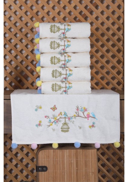 6 Lı Kuş Nakışlı El Yüz Havlu Seti Ponponlu Hediyelik Çeyizlik El Yüz Havlu Takımı 50 x 90 cm