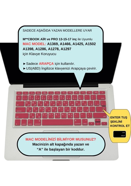 Arapça Klavye Macbook Air Pro Klavye Koruyucu UStip (ESKİ USB'Lİ MODEL 2008/2017) ile Uyumlu