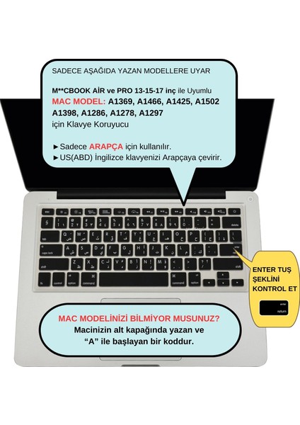 Arapça Klavye Macbook Air Pro Klavye Koruyucu UStip (ESKİ USB'Lİ MODEL 2008/2017) ile Uyumlu