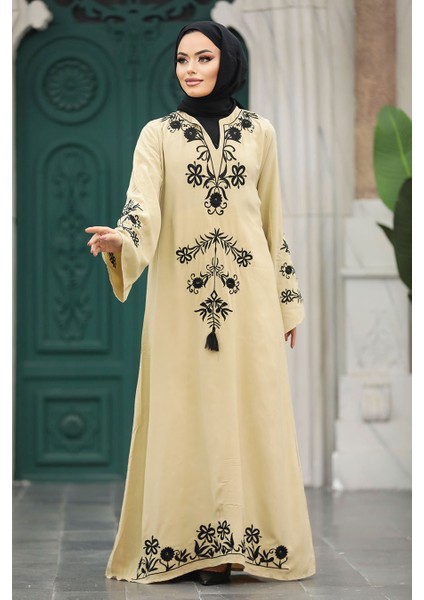 Çiçek Detaylı Bej Tesettür Elbise 11153BEJ