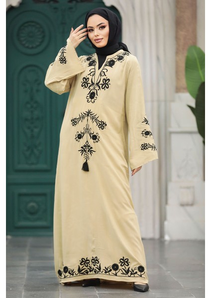 Çiçek Detaylı Bej Tesettür Elbise 11153BEJ modelleri