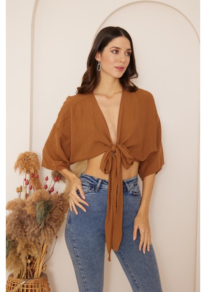 Kahverengi Önden Bağlamalı Crop Kimono DM7004 modelleri