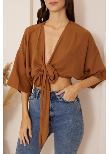 Kahverengi Önden Bağlamalı Crop Kimono DM7004 fırsatları