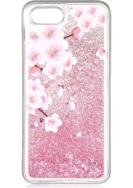 Oppo Realme C2 Çiçek Desenli Simli Telefon Kılıfı Pembe Silikon Telefon Kılıfı