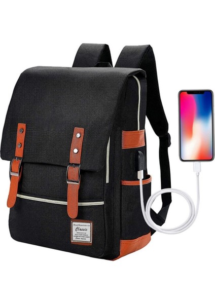 Su Geçirmez Seyahat Vintage Sırt Çantası, USB Şarj Portu ile Erkek Kadın 15.6 Inç Dizüstü Bilgisayar (Yurt Dışından)