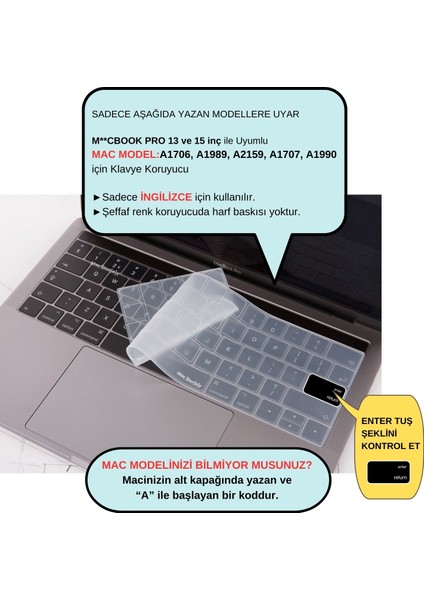 Macbook Pro Klavye Koruyucu US(ABD) İngilizce Baskı A1706 1989 2159 A1707 1990 Uyumlu