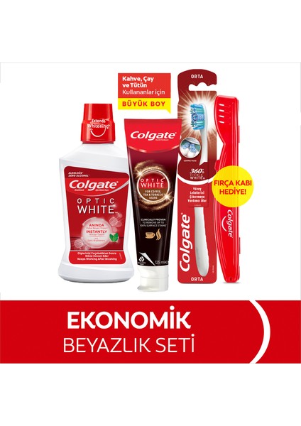 Optic White Kahve, Çay ve Tütün Kullananlar için Diş Macunu 125 ml, 360 Visible White Orta Diş Fırçası, Optic White Ağız Bakım Suyu 250 ml