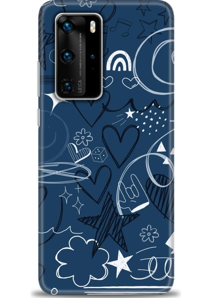 Huawei P40 Pro Kılıf Hd Baskılı - Notalar ve Kalpler Mavi
