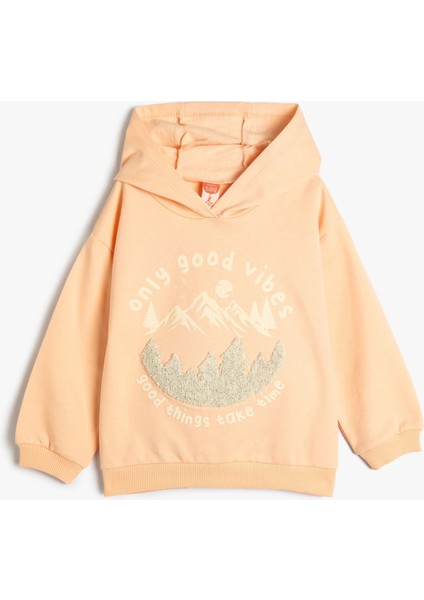 Kids Kız Bebek Kapşonlu Sweatshirt Baskı ve Aplike Detaylı Uzun Kollu