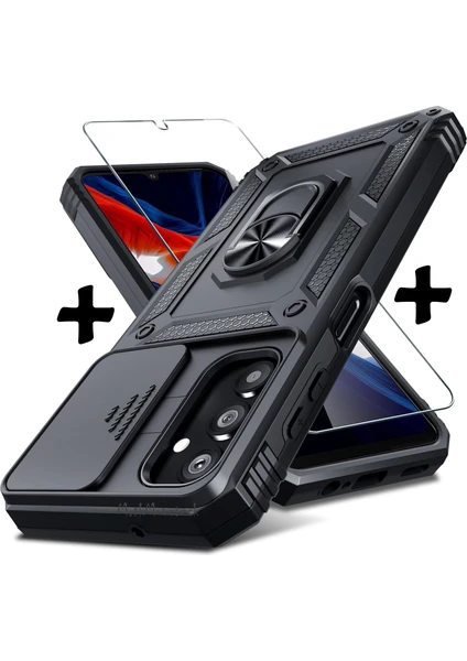 MTK Moveteck Samsung Galaxy A05S Kılıf Kamera Korumalı Sürgülü Yüzüklü Armor Military Zırh Tank Yüzüklü Standlı Kılıf ve Ekran Koruyucu Cam 2'li Set Kızaklı