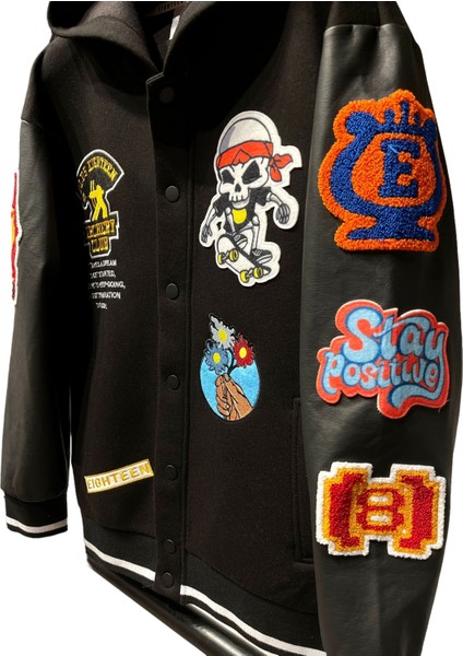 Erkek Giyim Yeni Sezon Nakış Yazı Figür Detay Aplikeli Deri Kol Manşet Detaylı Kolej Mont / Ceket fırsatları