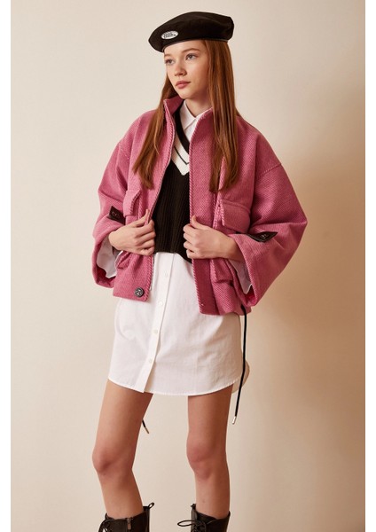 Cep Detaylı Bağcıklı Crop Ceket Pembe