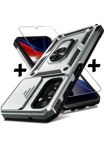 MTK Moveteck Samsung Galaxy A05S Kılıf Kamera Korumalı Sürgülü Yüzüklü Armor Military Zırh Tank Yüzüklü Standlı Kılıf ve Ekran Koruyucu Cam 2'li Set Kızaklı