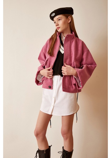 Cep Detaylı Bağcıklı Crop Ceket Pembe