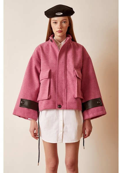 Cep Detaylı Bağcıklı Crop Ceket Pembe