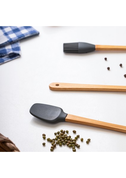 Mıen 3 Parça Mini Silikon Kaşık Spatula Fırça - Yanmaz Yapışmaz Hazırlık Seti - Gri 23 cm