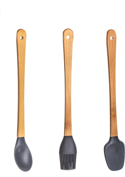 Mıen 3 Parça Mini Silikon Kaşık Spatula Fırça - Yanmaz Yapışmaz Hazırlık Seti - Gri 23 cm