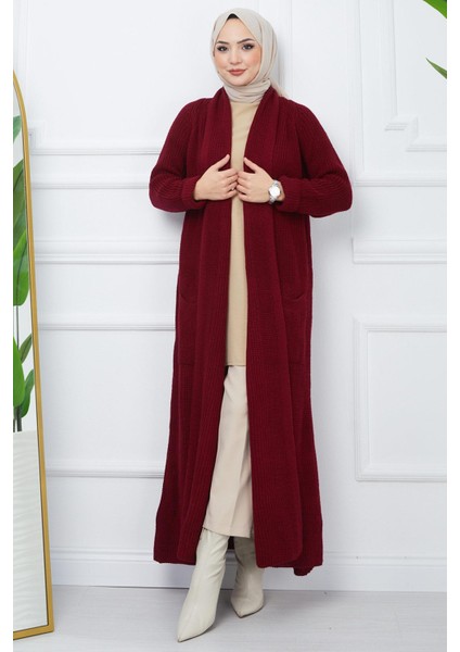 Şal Yaka Cepli Triko Hırka Bordo HM2243