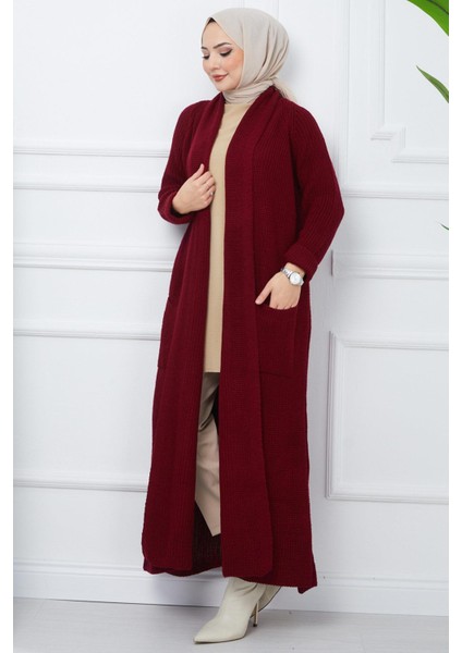 Şal Yaka Cepli Triko Hırka Bordo HM2243 modelleri