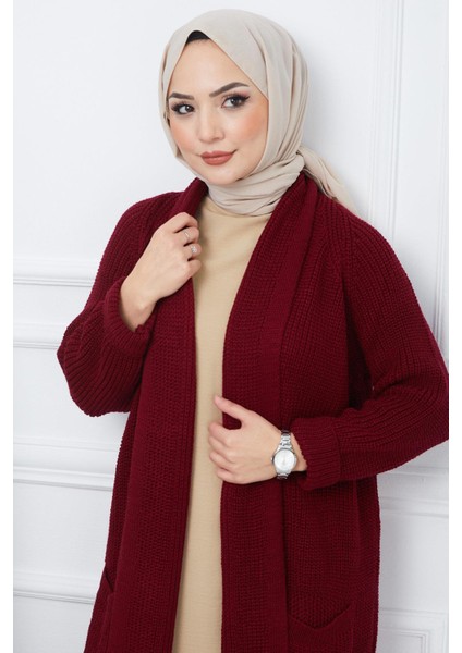 Şal Yaka Cepli Triko Hırka Bordo HM2243 fırsatları