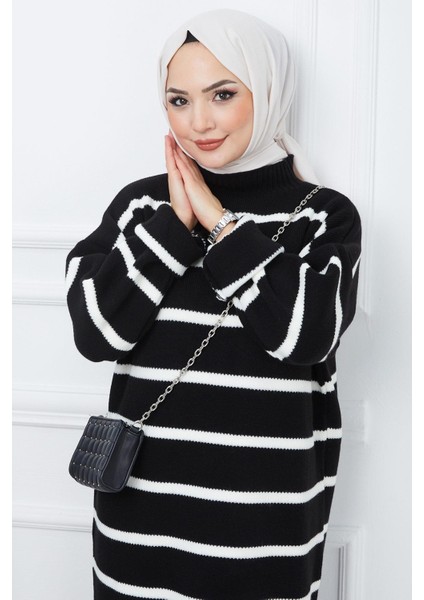 Balıkçı Yaka Çizgili Triko Elbise Siyah HM2340 fırsatları