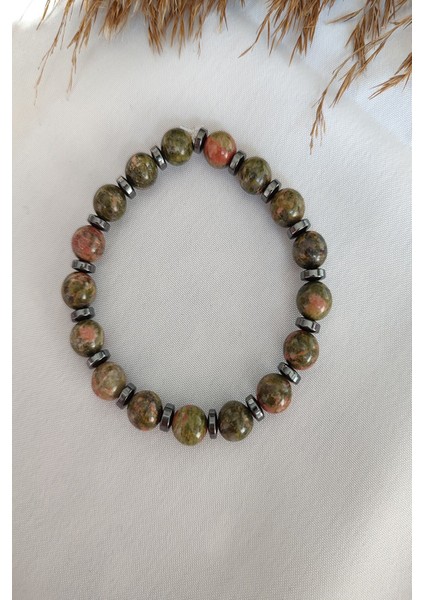 8 mm Unakit, Hematit Doğal Taş Bileklik