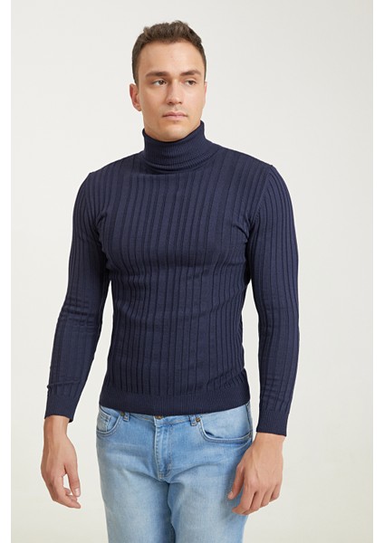 Slim Fit Lacivert Fitilli Pamuk Karışımlı Boğazlı Triko Kazak 5HF06ORT63100 fiyatları