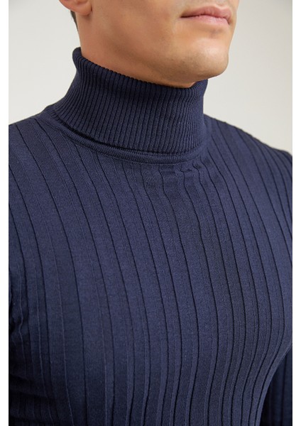 Slim Fit Lacivert Fitilli Pamuk Karışımlı Boğazlı Triko Kazak 5HF06ORT63100 modelleri